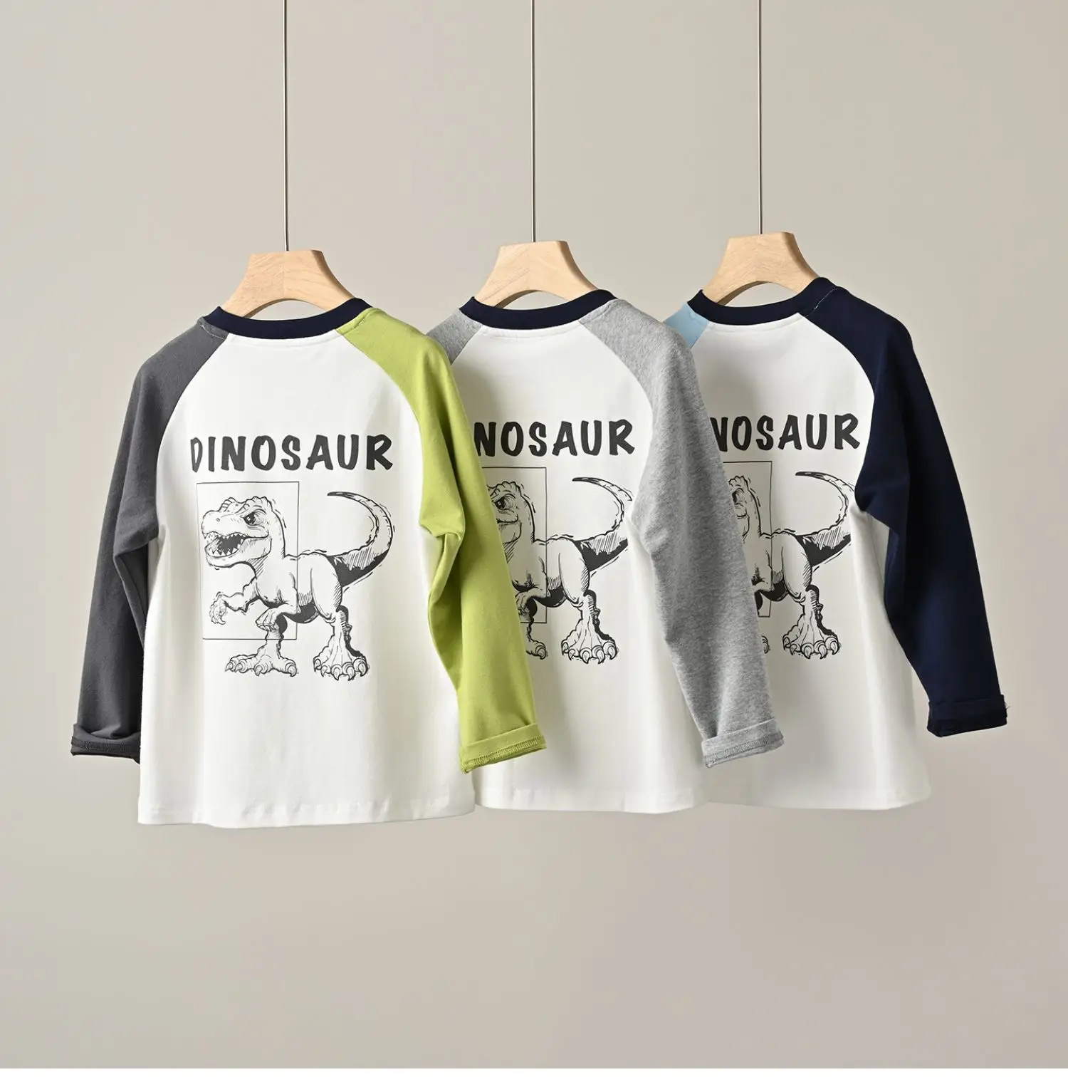 Children's Cartoon Dinosaur Raglan Sleeve T-Shirt White Black Green — feature 29