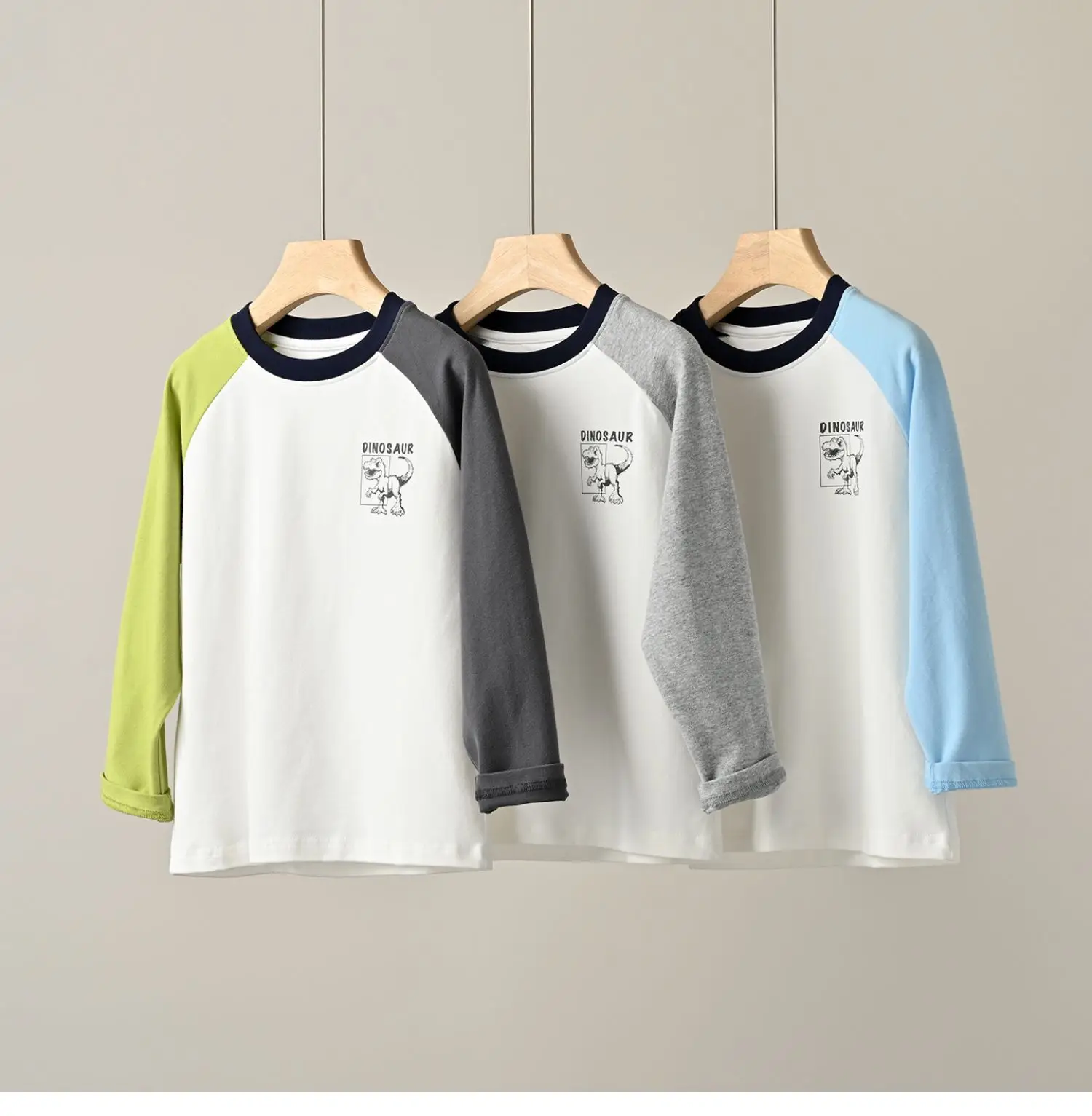 Children's Cartoon Dinosaur Raglan Sleeve T-Shirt White Black Green — feature 30