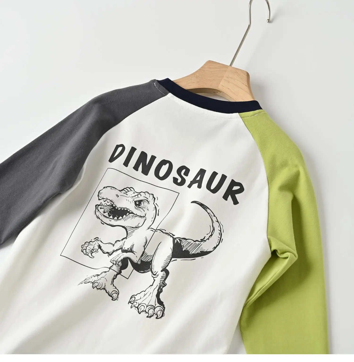 Children's Cartoon Dinosaur Raglan Sleeve T-Shirt White Black Green — feature 39