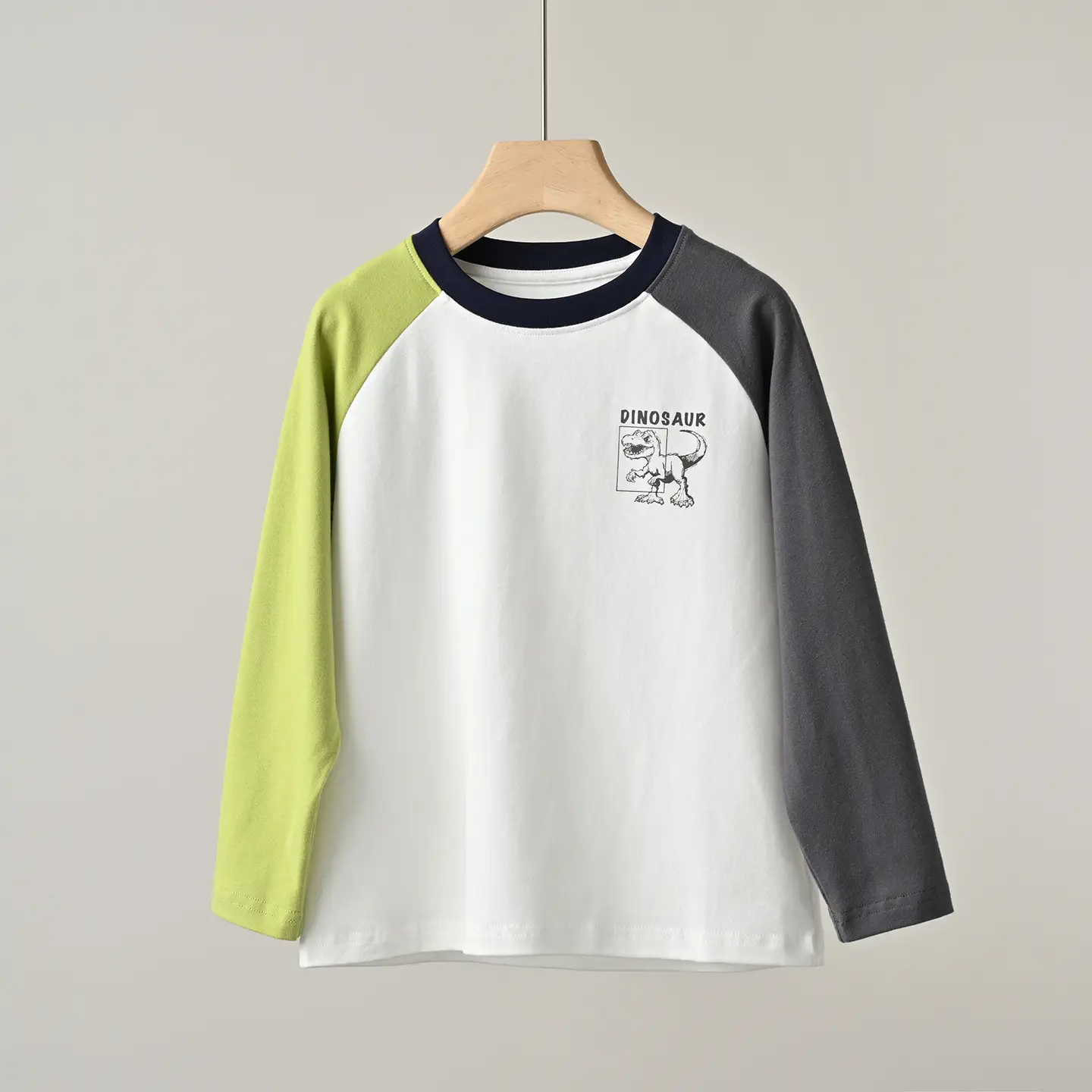 Children's Cartoon Dinosaur Raglan Sleeve T-Shirt White Black Green - Image 2