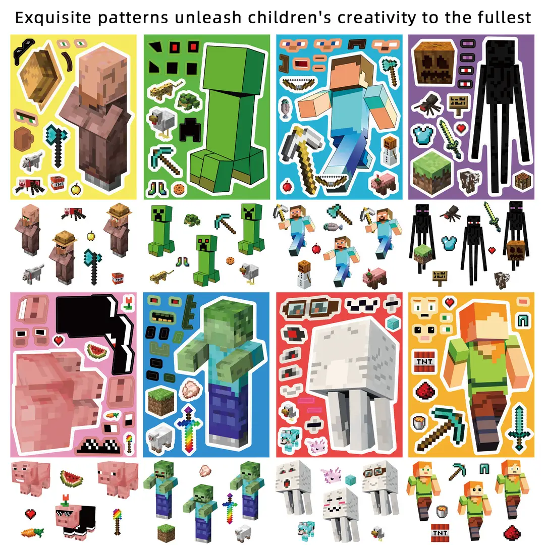 8 Pixel World Make a Face Puzzle Stickers for Kidsren, Educational Early Education DIY Party Decoration Waterproof Stickers