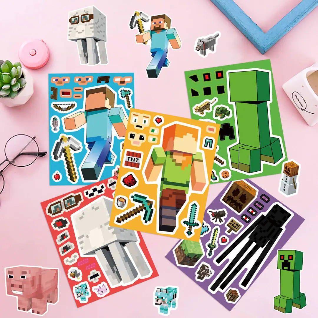 8 Pixel World Make a Face Puzzle Stickers for Kidsren, Educational Early Education DIY Party Decoration Waterproof Stickers