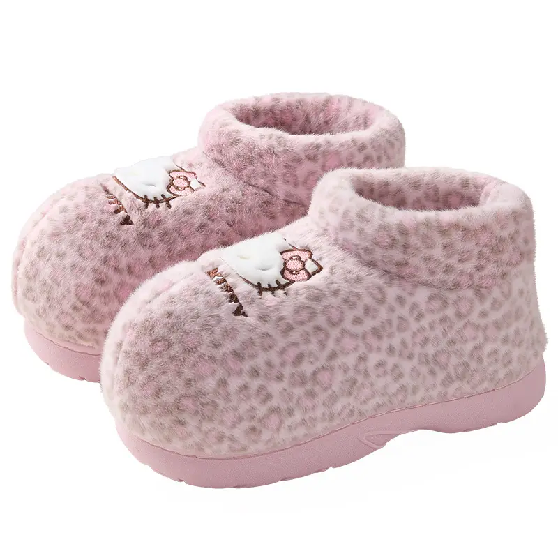 Nanbaowan Genuine Kitty Cat Cotton Slippers for Women, Autumn and Winter Fashion Leopard Print, Fleece-Lined, Warm Home Slippers with Closed Heel