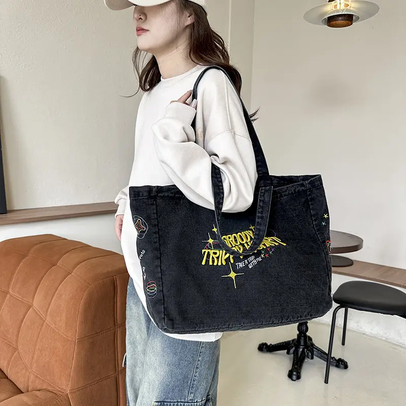 Cross-Border Letter Embroidery Denim Shoulder Bag for Women, Large Capacity American-Style Shoulder Bag, Versatile Student Tote Bag - Image 4
