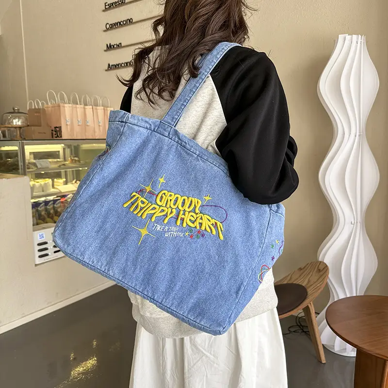 Cross-Border Letter Embroidery Denim Shoulder Bag for Women, Large Capacity American-Style Shoulder Bag, Versatile Student Tote Bag - Image 5