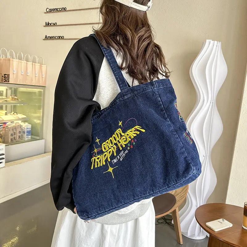 Cross-Border Letter Embroidery Denim Shoulder Bag for Women, Large Capacity American-Style Shoulder Bag, Versatile Student Tote Bag - Image 6