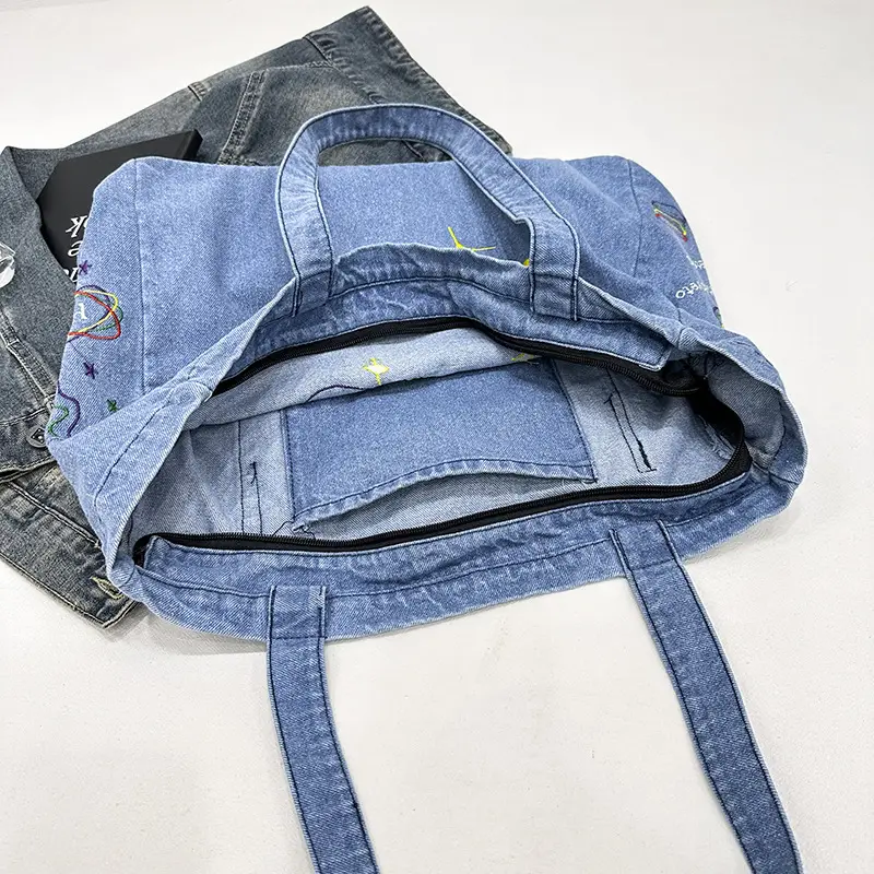 Cross-Border Letter Embroidery Denim Shoulder Bag for Women, Large Capacity American-Style Shoulder Bag, Versatile Student Tote Bag - Image 7
