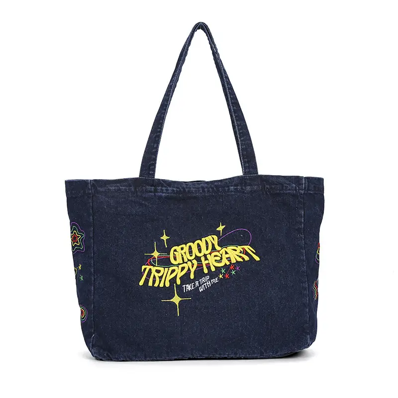Cross-Border Letter Embroidery Denim Shoulder Bag for Women, Large Capacity American-Style Shoulder Bag, Versatile Student Tote Bag - Image 8