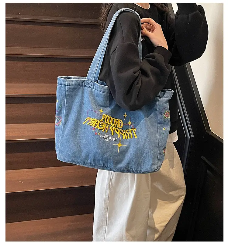Cross-Border Letter Embroidery Denim Shoulder Bag for Women, Large Capacity American-Style Shoulder Bag, Versatile Student Tote Bag — feature 1