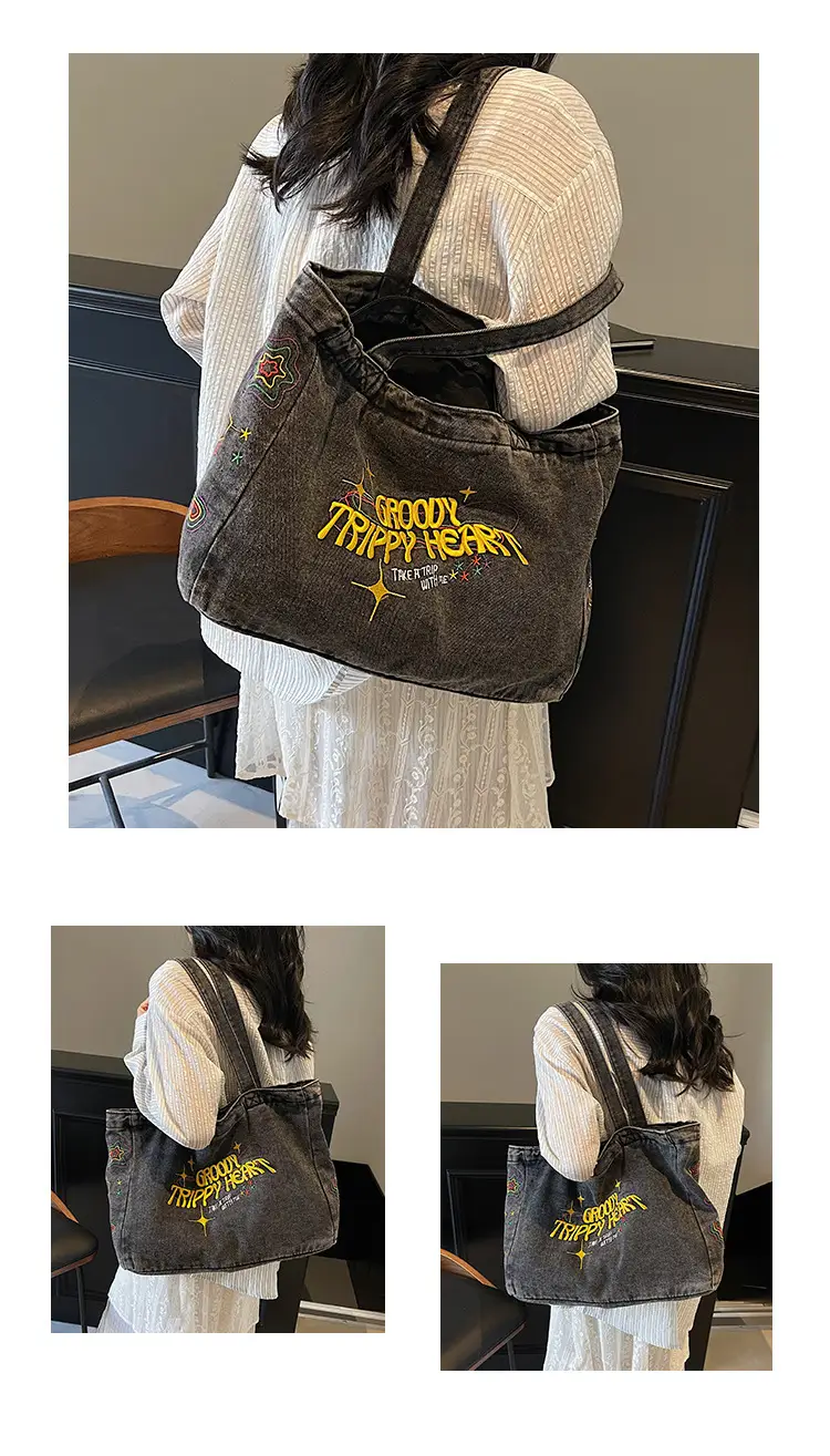 Cross-Border Letter Embroidery Denim Shoulder Bag for Women, Large Capacity American-Style Shoulder Bag, Versatile Student Tote Bag — feature 10