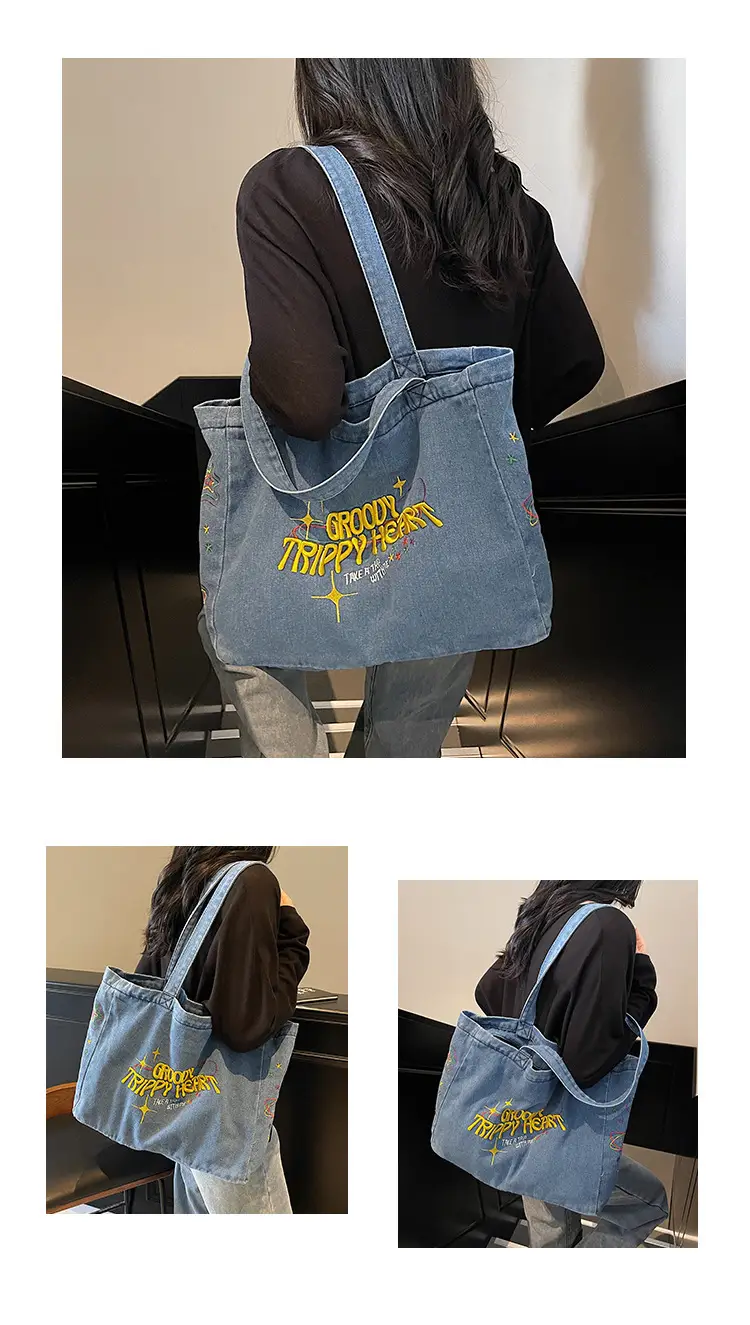 Cross-Border Letter Embroidery Denim Shoulder Bag for Women, Large Capacity American-Style Shoulder Bag, Versatile Student Tote Bag — feature 11