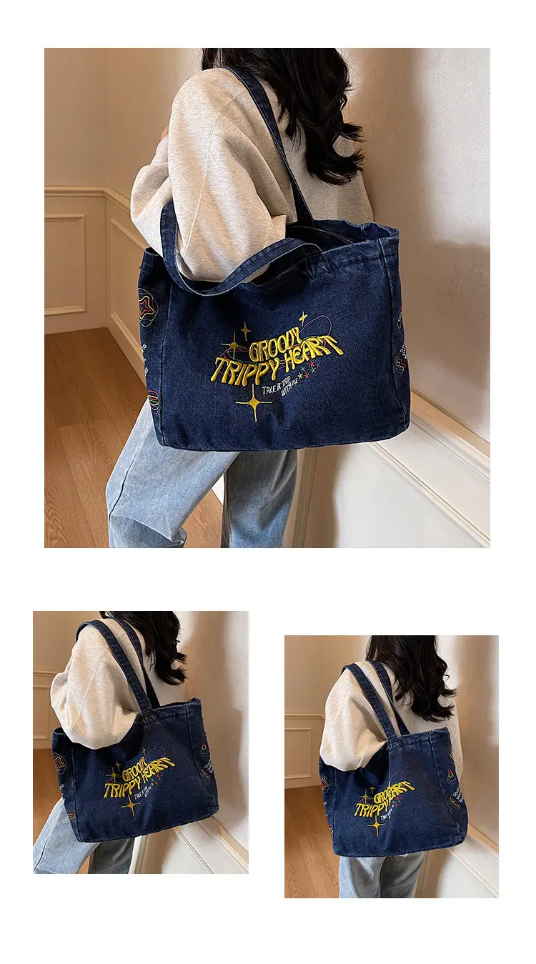 Cross-Border Letter Embroidery Denim Shoulder Bag for Women, Large Capacity American-Style Shoulder Bag, Versatile Student Tote Bag — feature 12