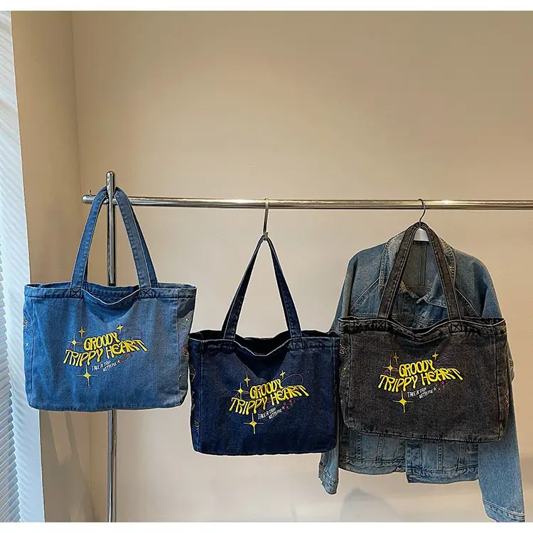 Cross-Border Letter Embroidery Denim Shoulder Bag for Women, Large Capacity American-Style Shoulder Bag, Versatile Student Tote Bag — feature 13