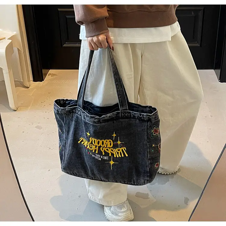 Cross-Border Letter Embroidery Denim Shoulder Bag for Women, Large Capacity American-Style Shoulder Bag, Versatile Student Tote Bag — feature 14