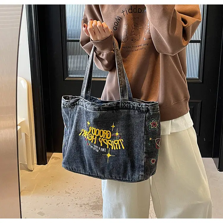 Cross-Border Letter Embroidery Denim Shoulder Bag for Women, Large Capacity American-Style Shoulder Bag, Versatile Student Tote Bag — feature 15