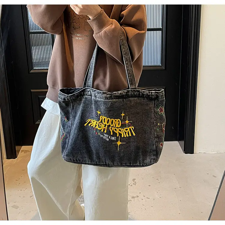 Cross-Border Letter Embroidery Denim Shoulder Bag for Women, Large Capacity American-Style Shoulder Bag, Versatile Student Tote Bag — feature 16