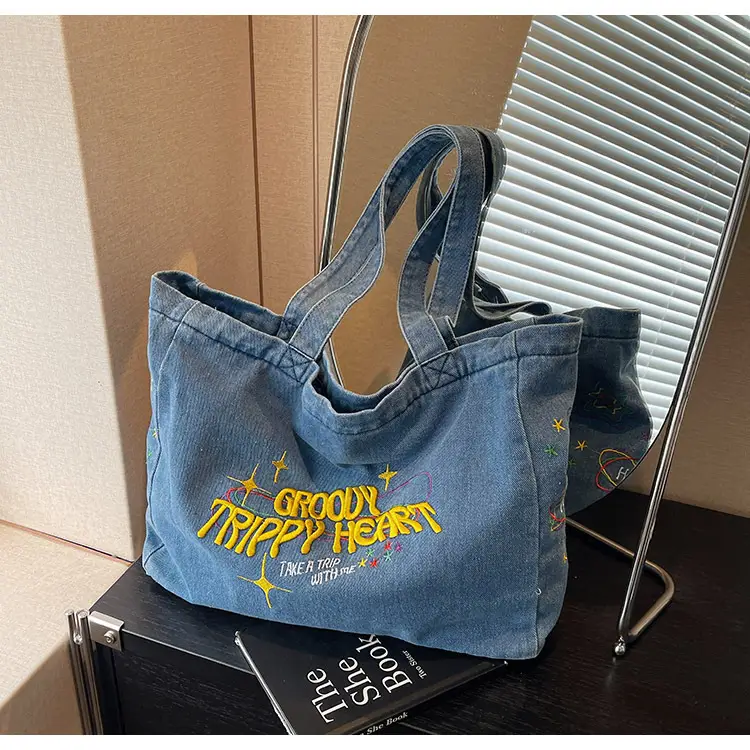 Cross-Border Letter Embroidery Denim Shoulder Bag for Women, Large Capacity American-Style Shoulder Bag, Versatile Student Tote Bag — feature 17