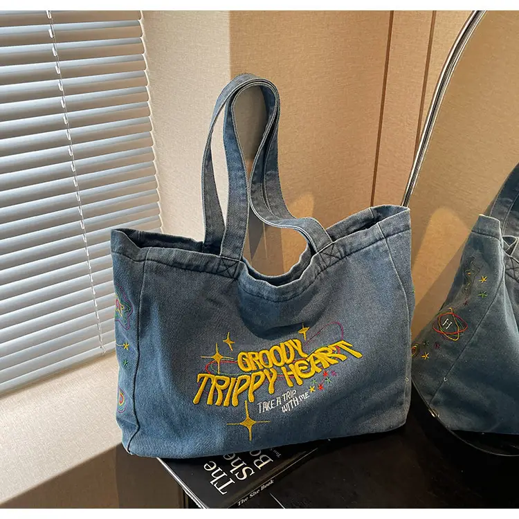 Cross-Border Letter Embroidery Denim Shoulder Bag for Women, Large Capacity American-Style Shoulder Bag, Versatile Student Tote Bag — feature 18