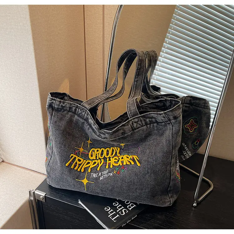 Cross-Border Letter Embroidery Denim Shoulder Bag for Women, Large Capacity American-Style Shoulder Bag, Versatile Student Tote Bag — feature 19