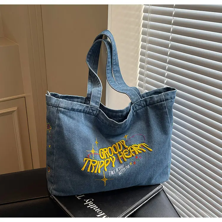 Cross-Border Letter Embroidery Denim Shoulder Bag for Women, Large Capacity American-Style Shoulder Bag, Versatile Student Tote Bag — feature 21
