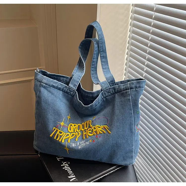 Cross-Border Letter Embroidery Denim Shoulder Bag for Women, Large Capacity American-Style Shoulder Bag, Versatile Student Tote Bag — feature 22