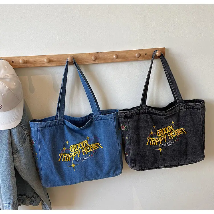 Cross-Border Letter Embroidery Denim Shoulder Bag for Women, Large Capacity American-Style Shoulder Bag, Versatile Student Tote Bag — feature 23