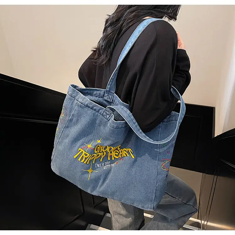 Cross-Border Letter Embroidery Denim Shoulder Bag for Women, Large Capacity American-Style Shoulder Bag, Versatile Student Tote Bag — feature 24