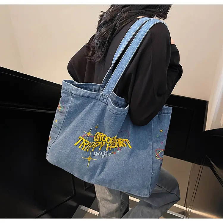 Cross-Border Letter Embroidery Denim Shoulder Bag for Women, Large Capacity American-Style Shoulder Bag, Versatile Student Tote Bag — feature 25