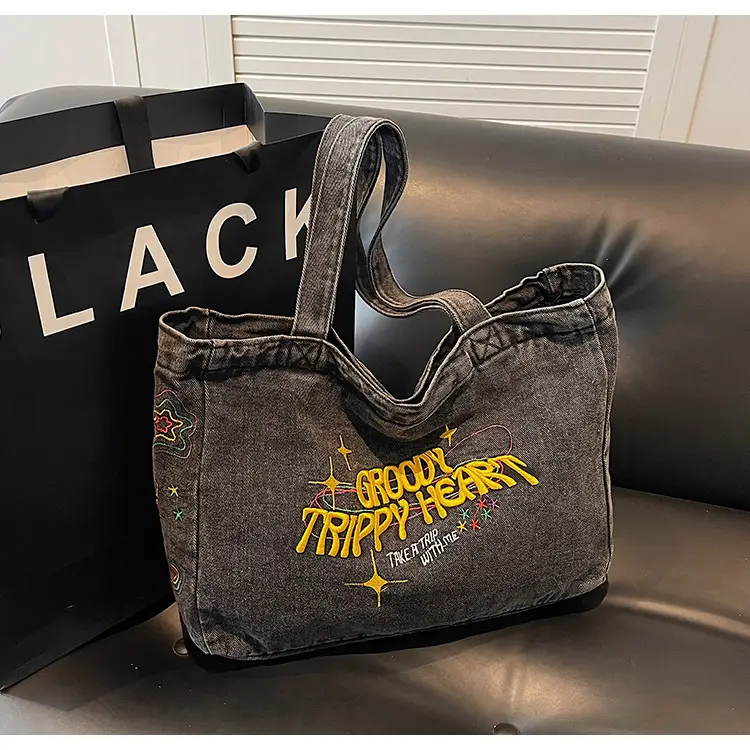 Cross-Border Letter Embroidery Denim Shoulder Bag for Women, Large Capacity American-Style Shoulder Bag, Versatile Student Tote Bag — feature 26