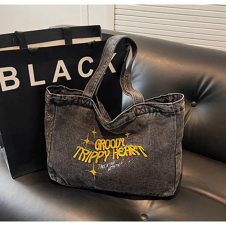 Cross-Border Letter Embroidery Denim Shoulder Bag for Women, Large Capacity American-Style Shoulder Bag, Versatile Student Tote Bag — feature 27