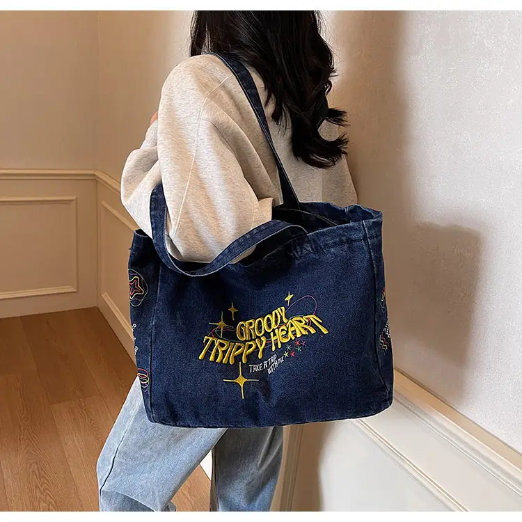 Cross-Border Letter Embroidery Denim Shoulder Bag for Women, Large Capacity American-Style Shoulder Bag, Versatile Student Tote Bag — feature 28