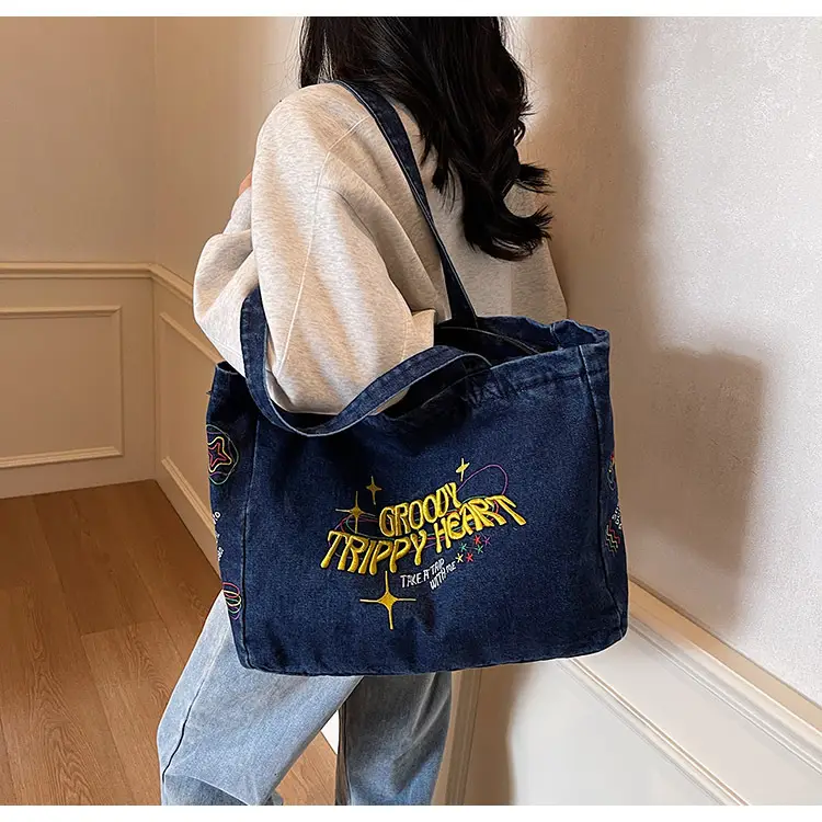 Cross-Border Letter Embroidery Denim Shoulder Bag for Women, Large Capacity American-Style Shoulder Bag, Versatile Student Tote Bag — feature 29