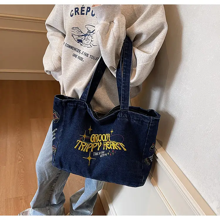Cross-Border Letter Embroidery Denim Shoulder Bag for Women, Large Capacity American-Style Shoulder Bag, Versatile Student Tote Bag — feature 30