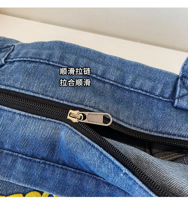 Cross-Border Letter Embroidery Denim Shoulder Bag for Women, Large Capacity American-Style Shoulder Bag, Versatile Student Tote Bag — feature 5