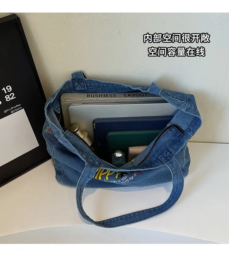 Cross-Border Letter Embroidery Denim Shoulder Bag for Women, Large Capacity American-Style Shoulder Bag, Versatile Student Tote Bag — feature 7