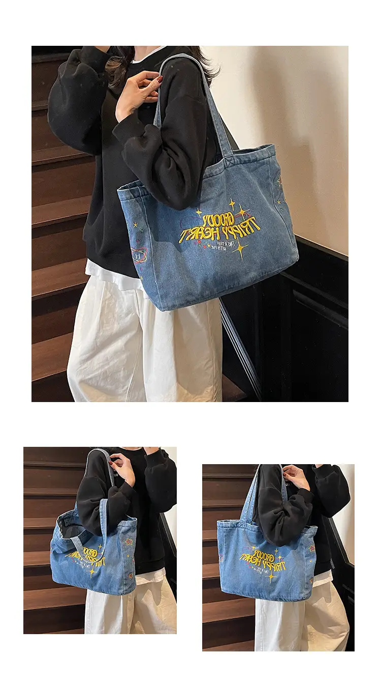Cross-Border Letter Embroidery Denim Shoulder Bag for Women, Large Capacity American-Style Shoulder Bag, Versatile Student Tote Bag — feature 9
