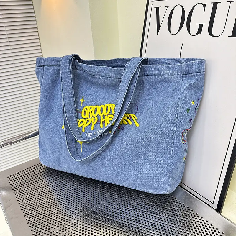 Cross-Border Letter Embroidery Denim Shoulder Bag for Women, Large Capacity American-Style Shoulder Bag, Versatile Student Tote Bag - Image 2