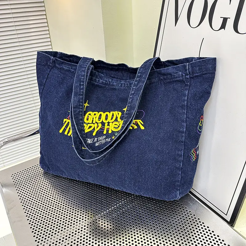Cross-Border Letter Embroidery Denim Shoulder Bag for Women, Large Capacity American-Style Shoulder Bag, Versatile Student Tote Bag - Image 3