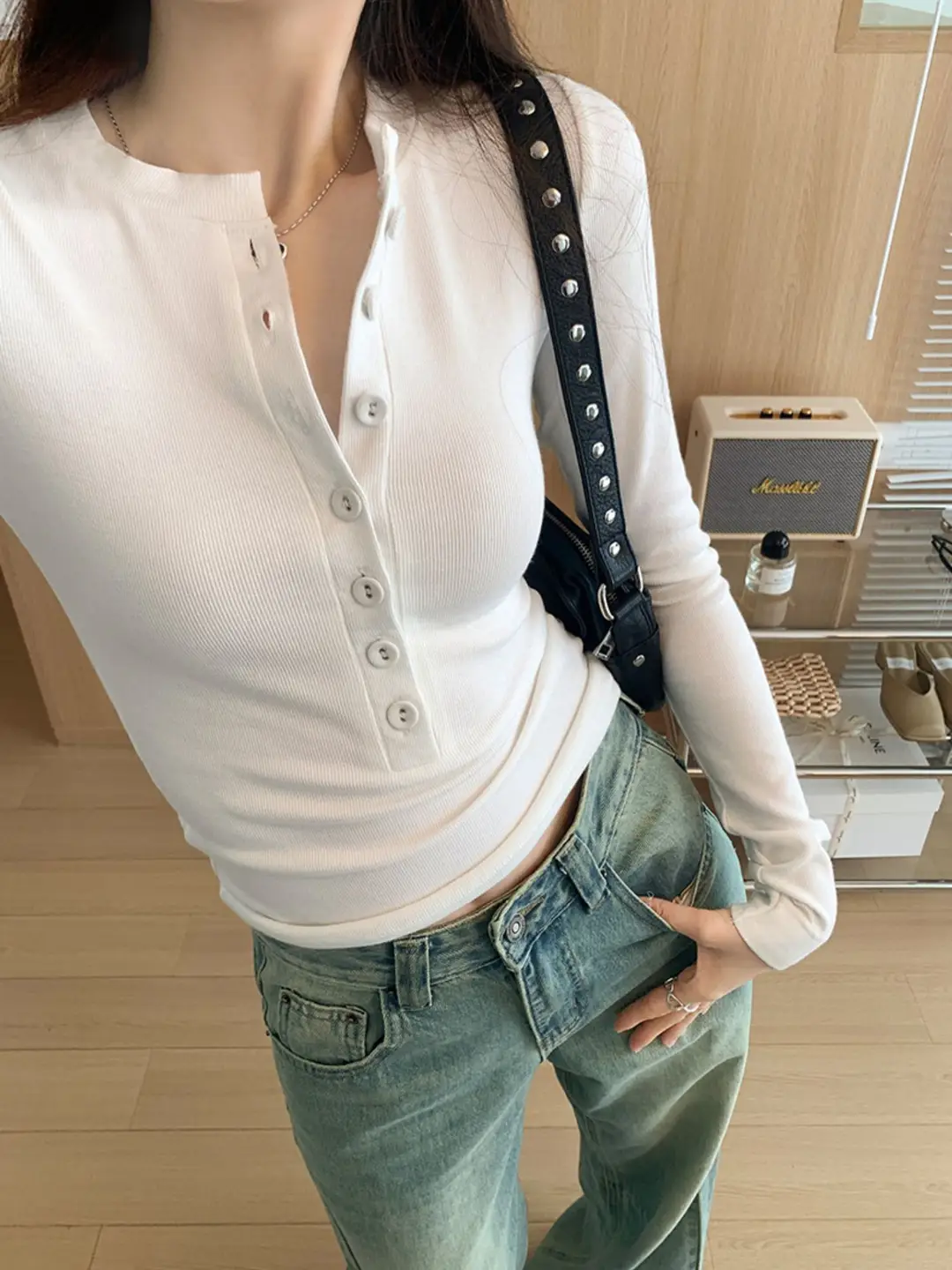 Cross-Border 92 Cotton Stylish V-Neck Button Ribbed Long-Sleeve T-Shirt for Women, Suitable for Spring, Autumn, and Winter, Pure Desire Slim-Fit Base Layer Top