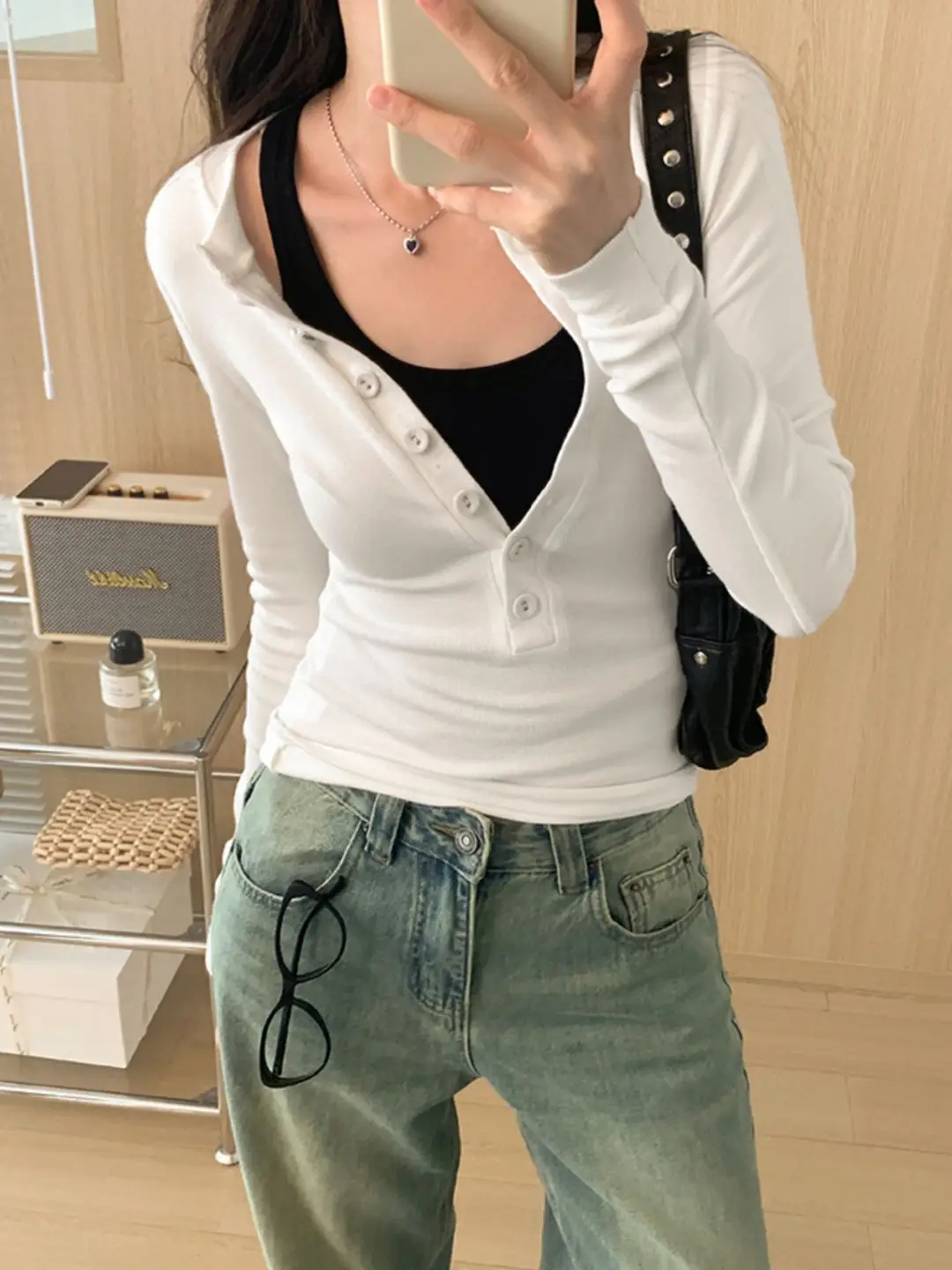 Cross-Border 92 Cotton Stylish V-Neck Button Ribbed Long-Sleeve T-Shirt for Women, Suitable for Spring, Autumn, and Winter, Pure Desire Slim-Fit Base Layer Top