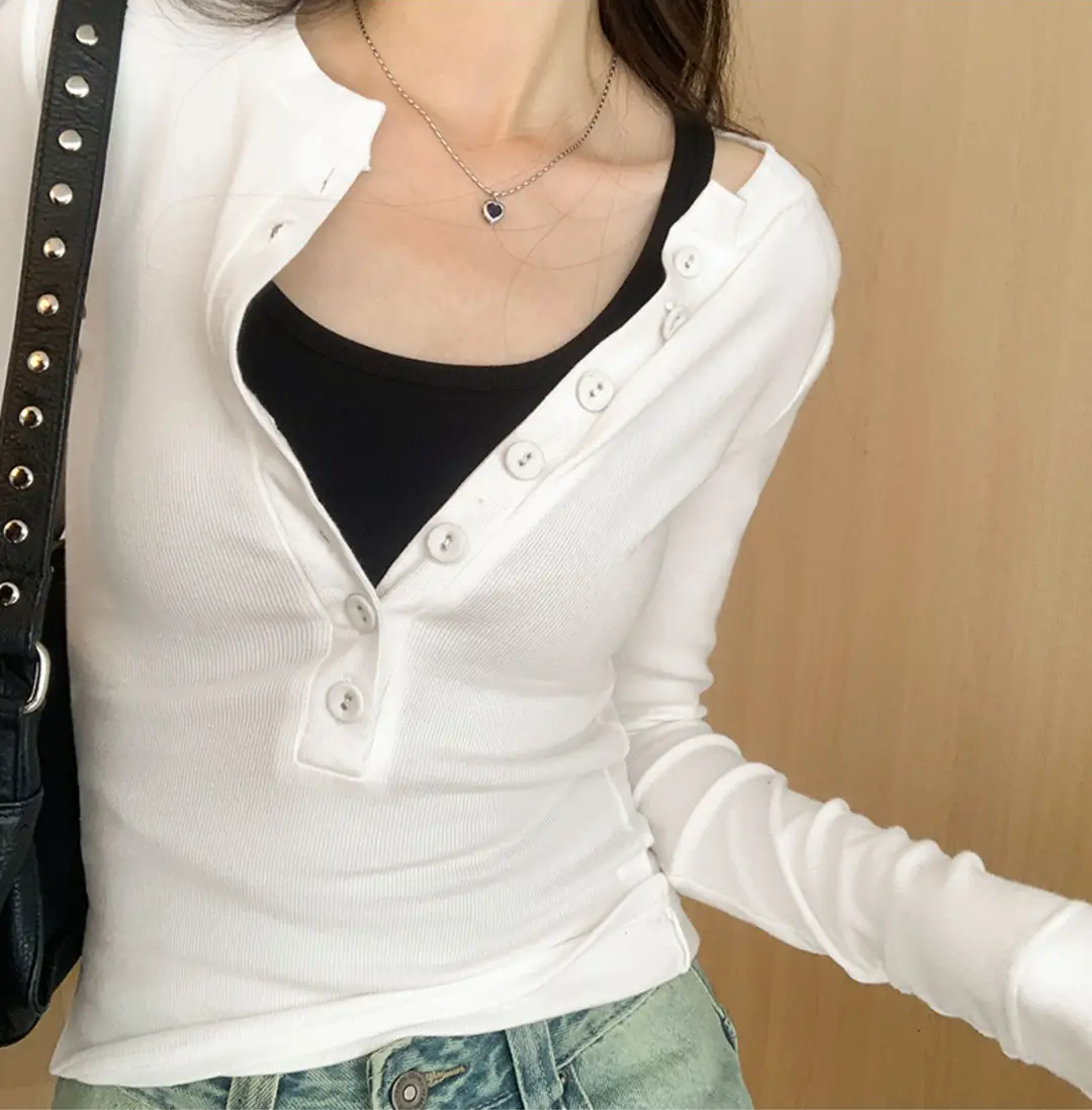 Cross-Border 92 Cotton Stylish V-Neck Button Ribbed Long-Sleeve T-Shirt for Women, Suitable for Spring, Autumn, and Winter, Pure Desire Slim-Fit Base Layer Top — feature 12