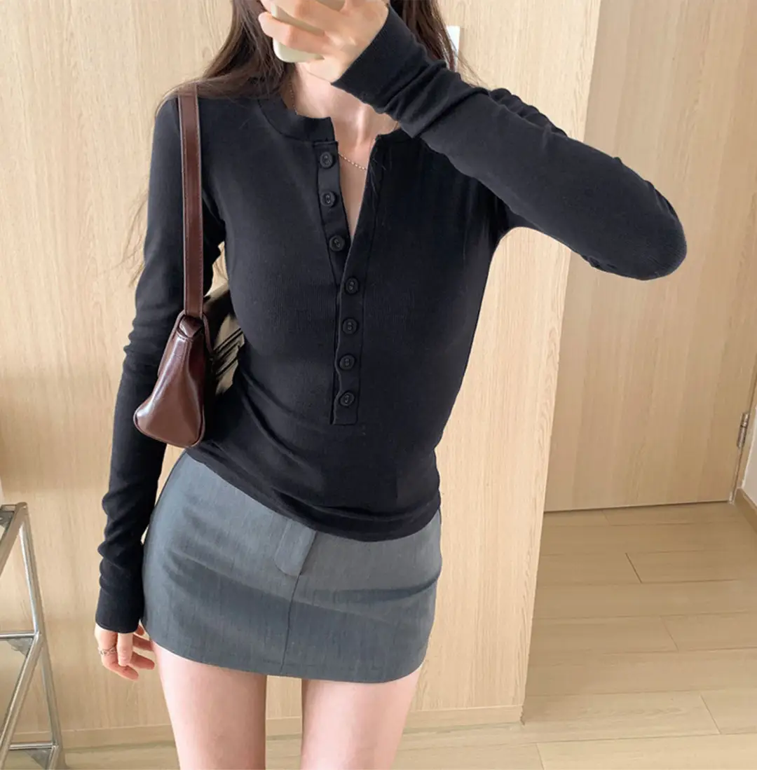 Cross-Border 92 Cotton Stylish V-Neck Button Ribbed Long-Sleeve T-Shirt for Women, Suitable for Spring, Autumn, and Winter, Pure Desire Slim-Fit Base Layer Top — feature 15