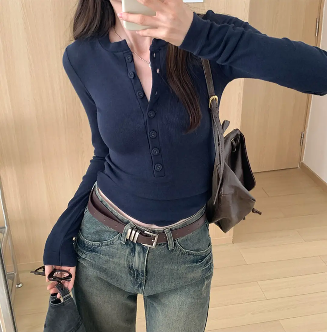 Cross-Border 92 Cotton Stylish V-Neck Button Ribbed Long-Sleeve T-Shirt for Women, Suitable for Spring, Autumn, and Winter, Pure Desire Slim-Fit Base Layer Top — feature 18