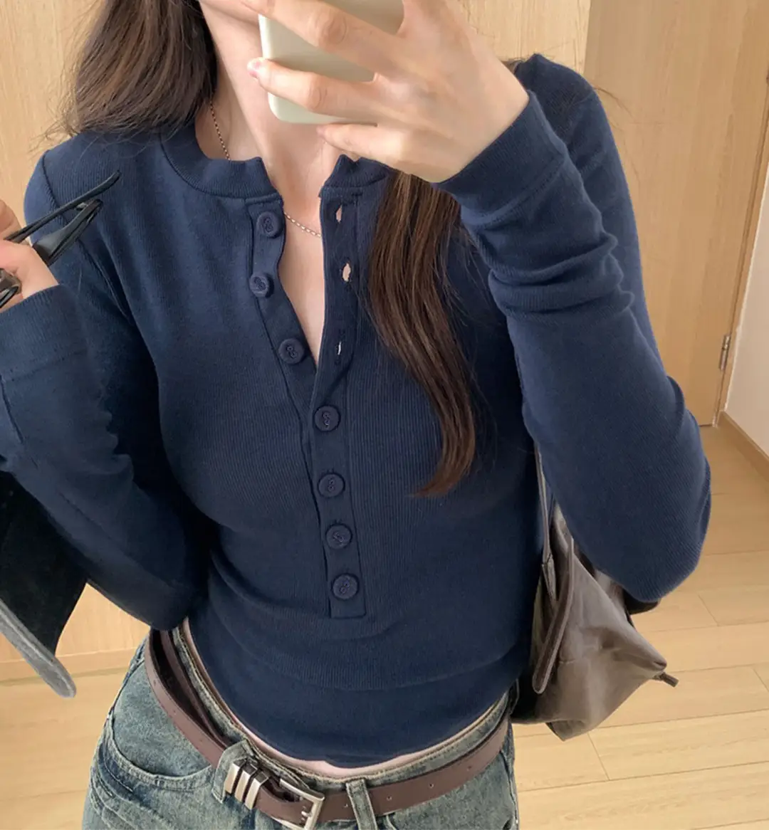 Cross-Border 92 Cotton Stylish V-Neck Button Ribbed Long-Sleeve T-Shirt for Women, Suitable for Spring, Autumn, and Winter, Pure Desire Slim-Fit Base Layer Top — feature 19