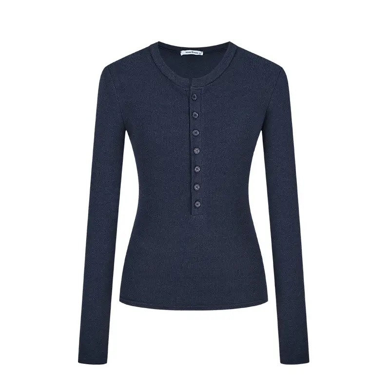 Cross-Border 92 Cotton Stylish V-Neck Button Ribbed Long-Sleeve T-Shirt for Women, Suitable for Spring, Autumn, and Winter, Pure Desire Slim-Fit Base Layer Top — feature 4