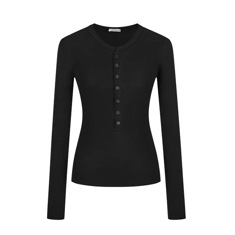 Cross-Border 92 Cotton Stylish V-Neck Button Ribbed Long-Sleeve T-Shirt for Women, Suitable for Spring, Autumn, and Winter, Pure Desire Slim-Fit Base Layer Top — feature 5
