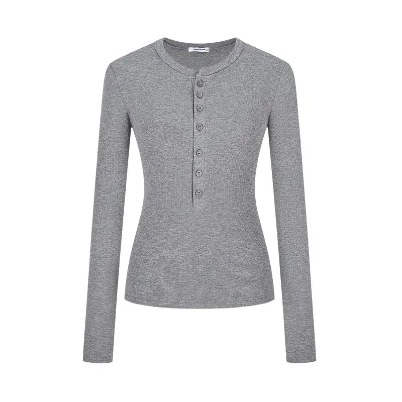 Cross-Border 92 Cotton Stylish V-Neck Button Ribbed Long-Sleeve T-Shirt for Women, Suitable for Spring, Autumn, and Winter, Pure Desire Slim-Fit Base Layer Top — feature 6
