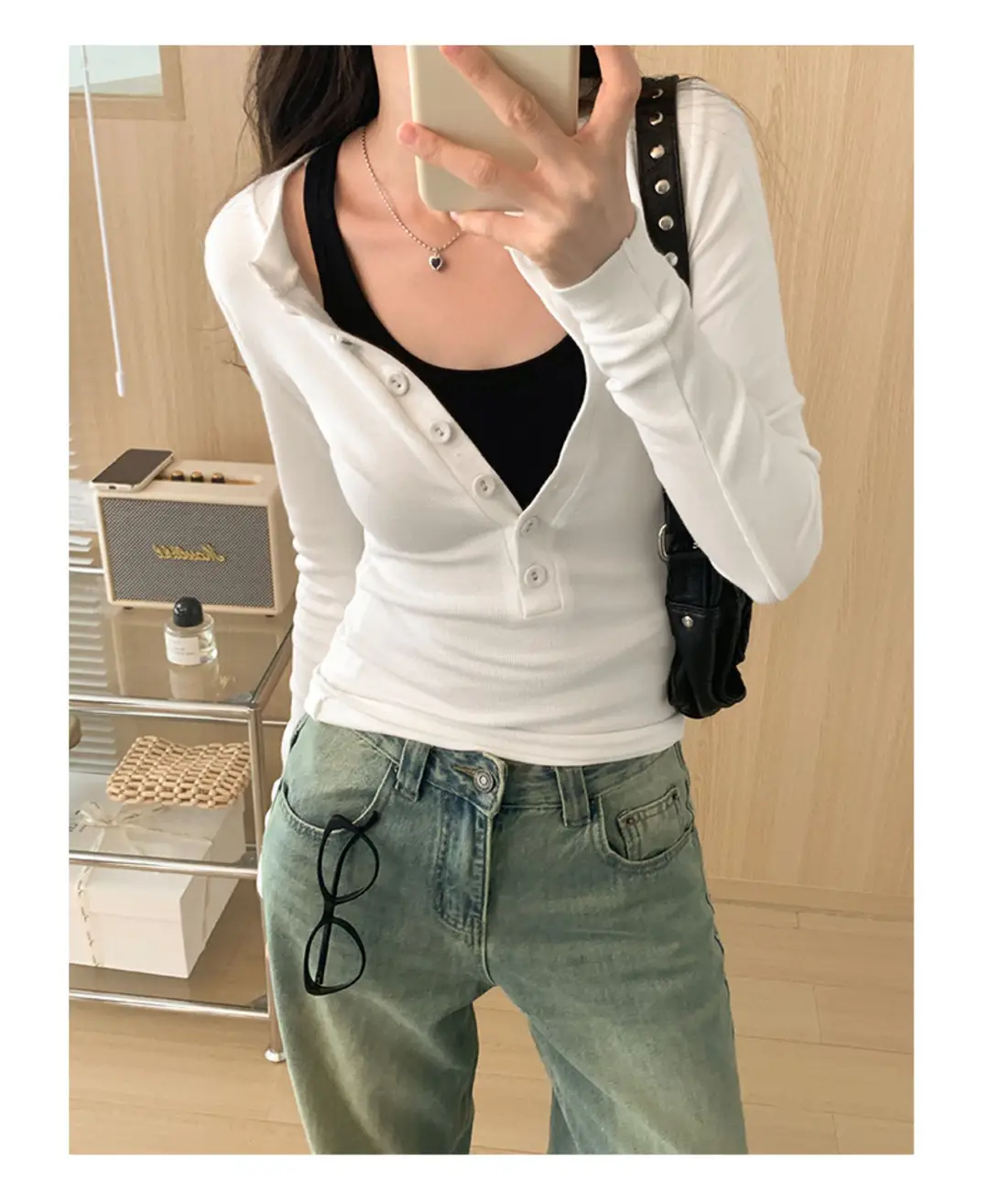 Cross-Border 92 Cotton Stylish V-Neck Button Ribbed Long-Sleeve T-Shirt for Women, Suitable for Spring, Autumn, and Winter, Pure Desire Slim-Fit Base Layer Top — feature 7