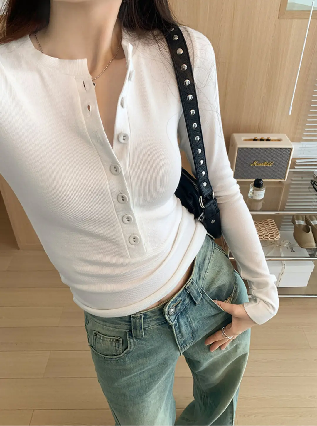 Cross-Border 92 Cotton Stylish V-Neck Button Ribbed Long-Sleeve T-Shirt for Women, Suitable for Spring, Autumn, and Winter, Pure Desire Slim-Fit Base Layer Top — feature 8