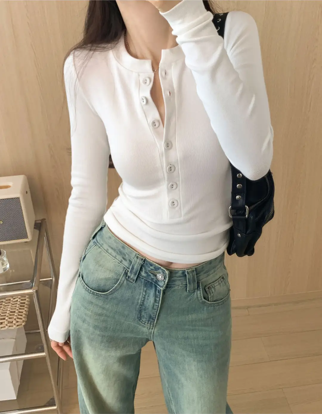 Cross-Border 92 Cotton Stylish V-Neck Button Ribbed Long-Sleeve T-Shirt for Women, Suitable for Spring, Autumn, and Winter, Pure Desire Slim-Fit Base Layer Top — feature 9
